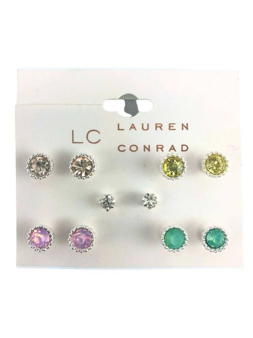 LC Lauren Conrad 5 Pair Earrings Silver-Tone 1/8" - 1/4" Multi-Color Rhinestones